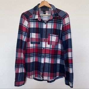 Plaid Maroon and Navy Blue Long Sleeve Button Up Top Size Large